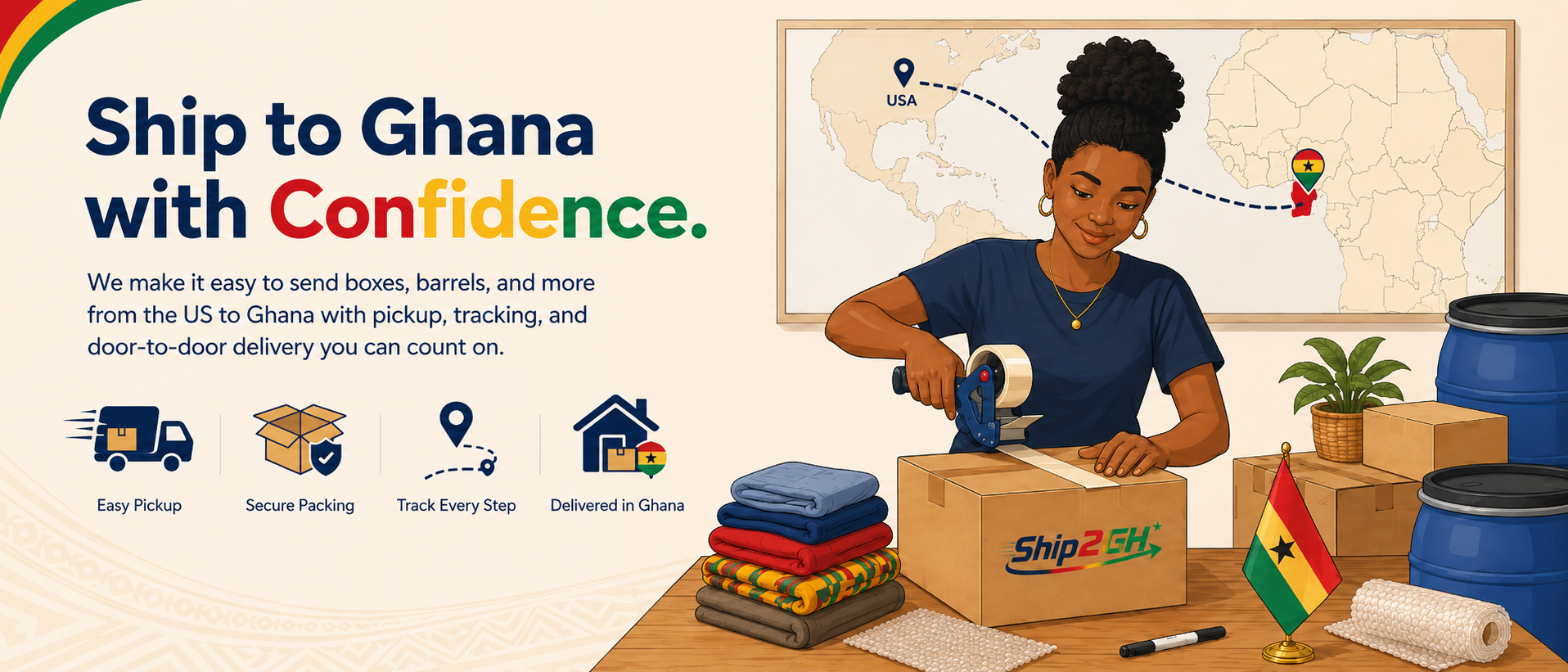 Ship2GH packing boxes and barrels for delivery from the USA to Ghana